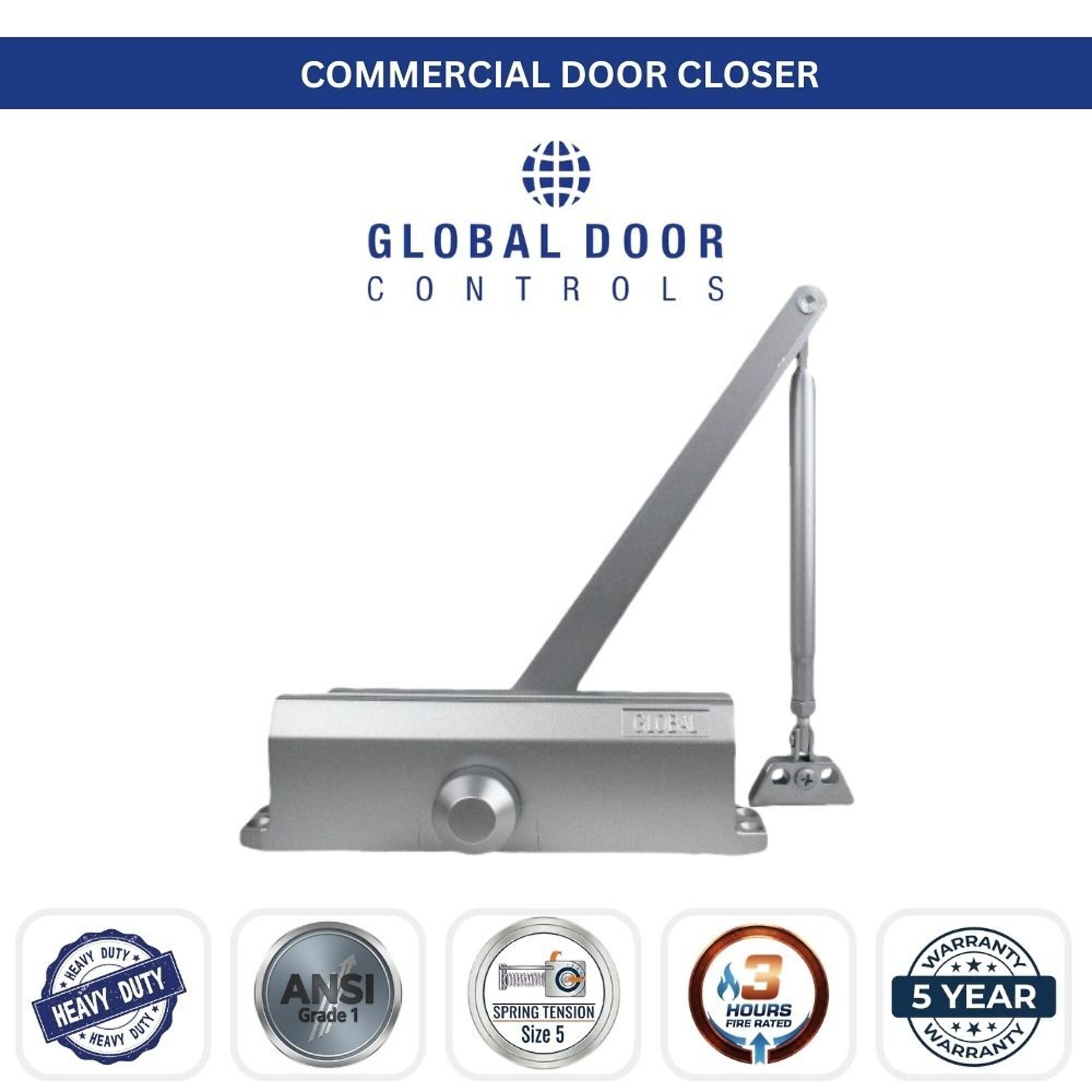 Global Door Controls, Standard Streamline Commercial Grade 1 Door Closer in Aluminum with Backcheck - Size 5, #TC205-BC-AL